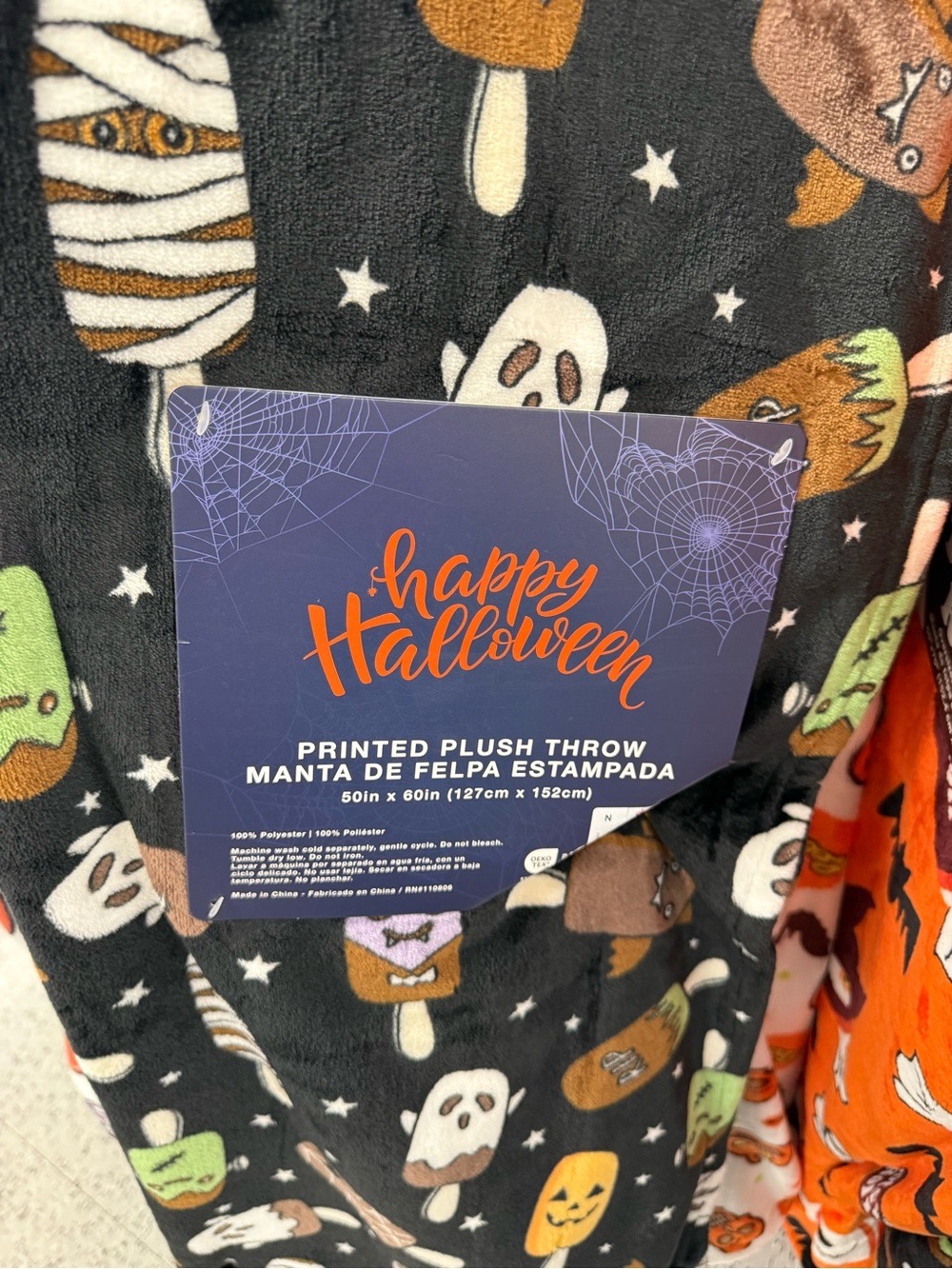 Plush Throw - happy halloween ghost cake pops Black with Orange & Green Accents